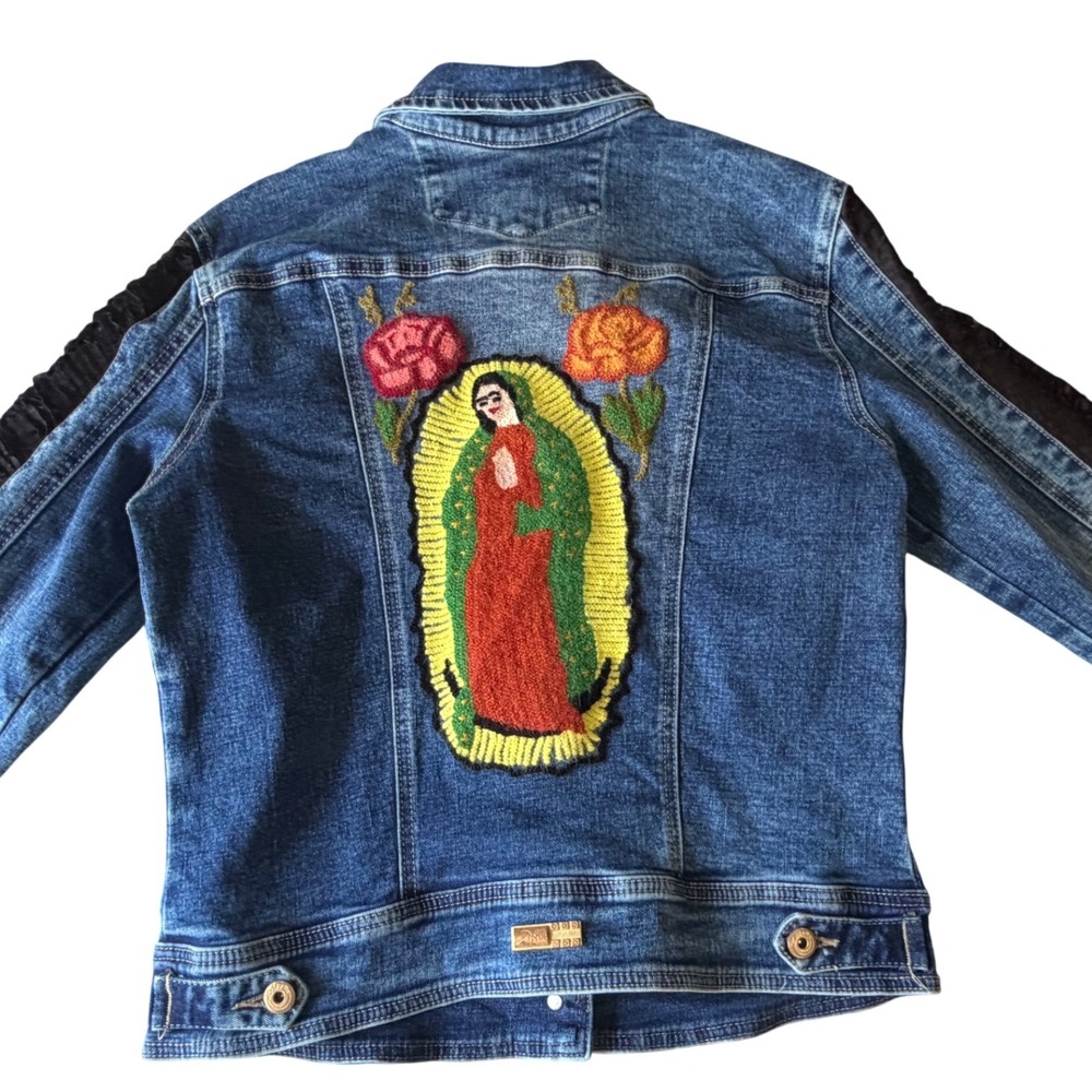 Zibella Jeans Embroidered Virgin Mary Denim Jacket Blue Lace Sleeve Women Medium - Picture 2 of 11